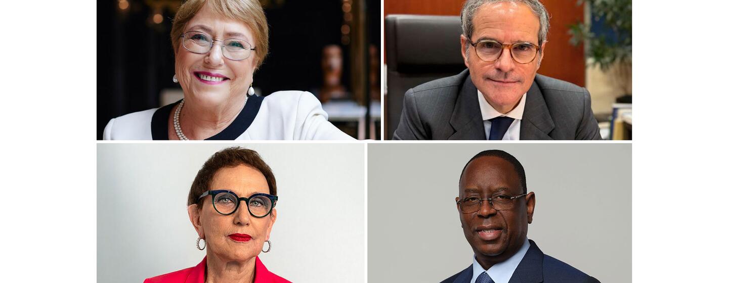 تصويرة تجمع أربع صور شخصية احترافية للمرشحين لمنصب الأمين العام، تُظهر مجموعة متنوعة من النساء والرجال يرتدون ملابس العمل الرسمية.