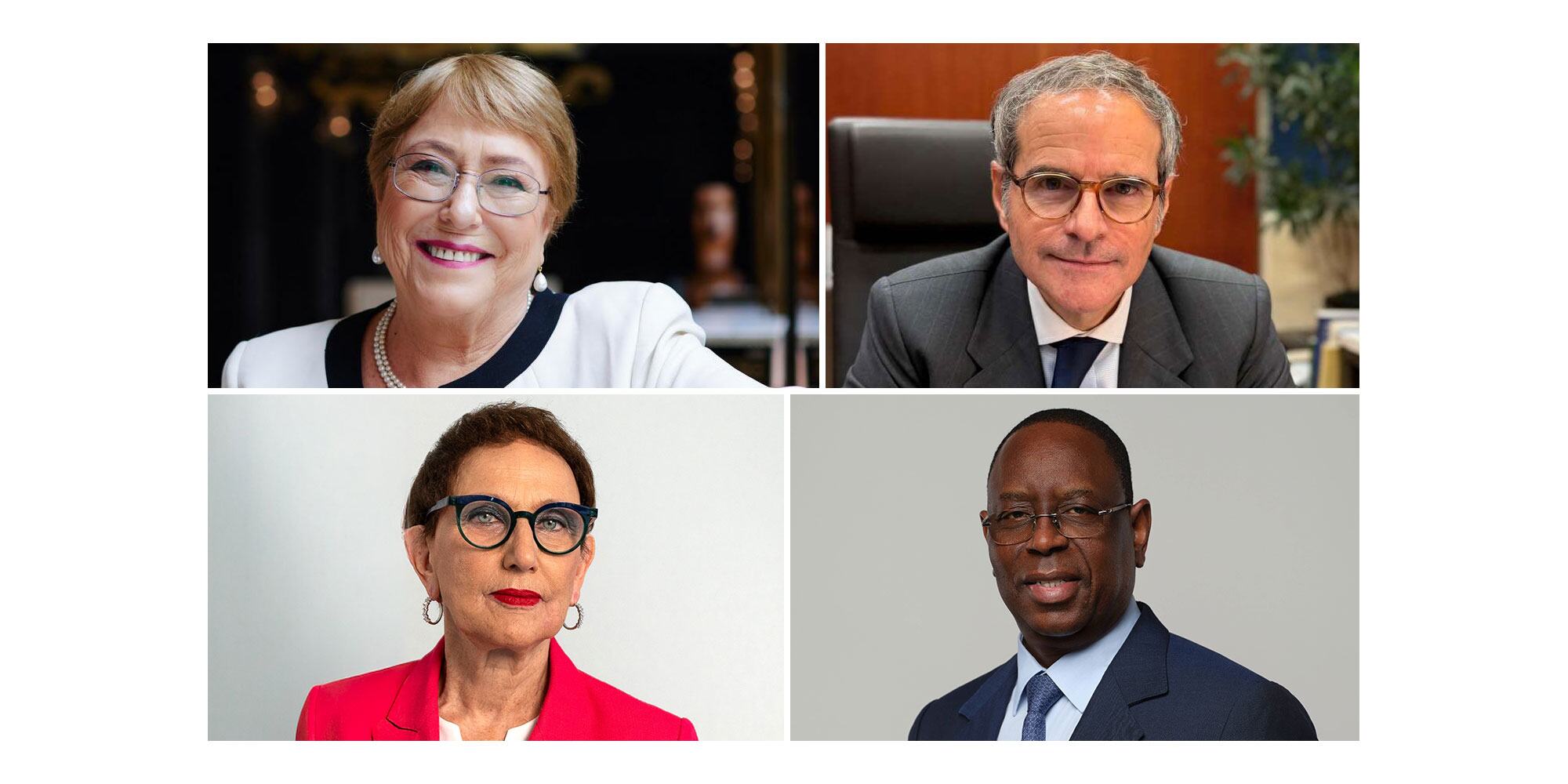 Uma colagem de quatro retratos profissionais dos candidatos ao cargo de Secretário-Geral, mostrando um grupo diversificado de mulheres e homens em traje formal de negócios.