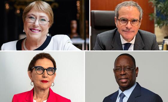 تصويرة تجمع أربع صور شخصية احترافية للمرشحين لمنصب الأمين العام، تُظهر مجموعة متنوعة من النساء والرجال يرتدون ملابس العمل الرسمية.