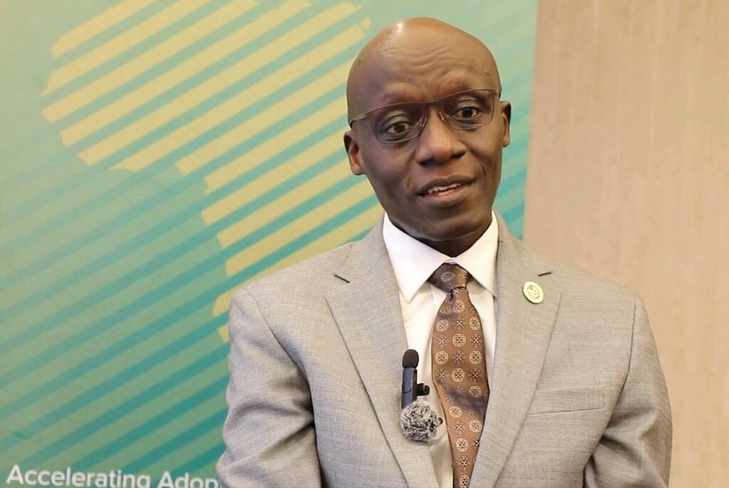 Mwanamume katika suti na tai akizungumza katika hafla iliyo na mandhari ya 'Kuongeza kasi ya kupitishwa kwa watoto' na alama ya UNDP.