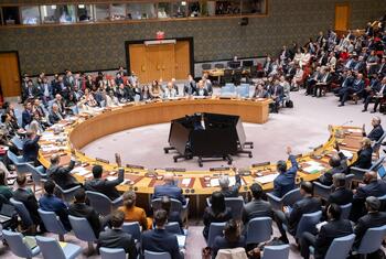 A wide shot of the United Nations Security Council chamber showing delegates seated around a large circular table, with several members raising their hands to vote. The room is filled with attendees observing the proceedings.