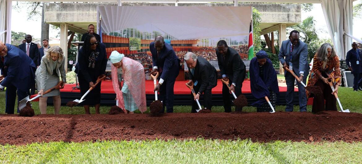 UN Secretary-General António Guterres and officials break ground at a ceremony for new UN facilities in Nairobi.
