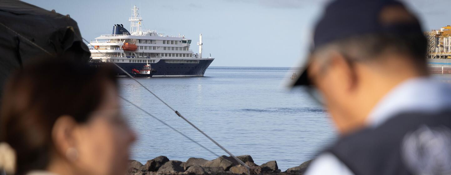 Des responsables de l'OMS observent un navire de croisière amarré dans un port lors d'une intervention contre le virus Hanta.
