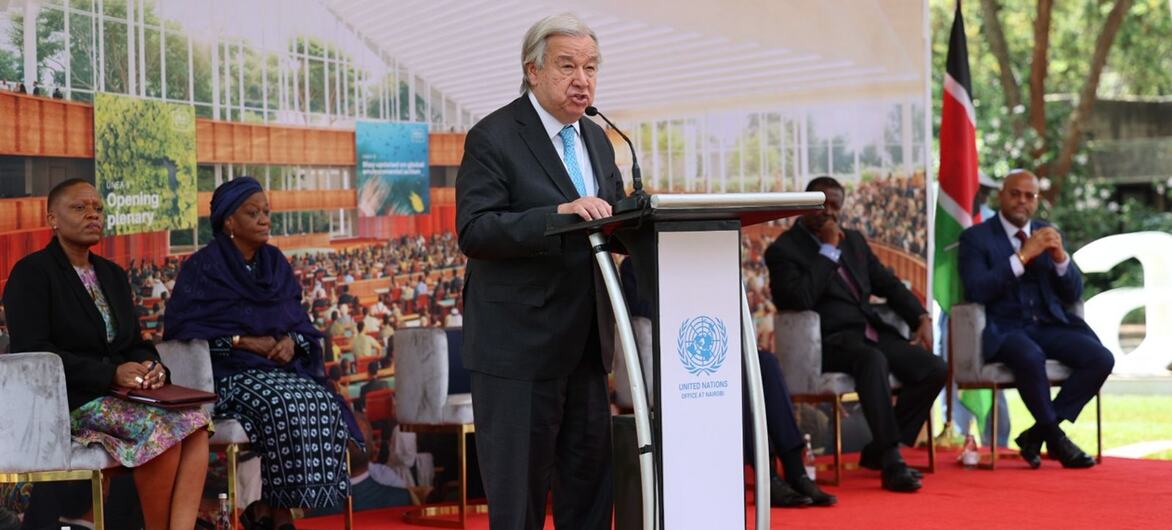 UN Secretary-General António Guterres speaks at a podium during the Africa-Forward Summit in Nairobi, Kenya.