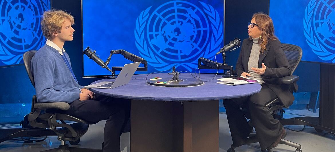 Valentina Grippo, an Italian Member of Parliament and legal expert, discusses issues in a United Nations news studio with a young interviewer.