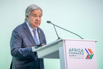UN Secretary-General António Guterres speaks at a podium during the Africa Forward Summit in Nairobi, Kenya.