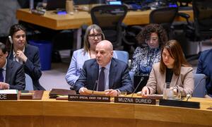 叙利亚特使副特使Claudio Cordone在联合国安理会会议上谈到中东局势, 叙利亚妇女政治运动联合创始人Muzna Dureid坐在他的右边.