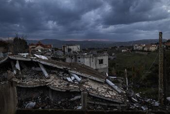 Destroyed buildings and rubble in Khiam, Lebanon, following conflict with Israel and Hezbollah.