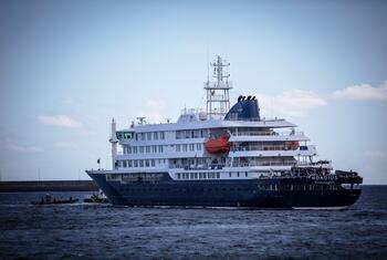 Cruise ship Hondius docked at Port of Granadilla, Tenerife, Spain, during a WHO-supported Hantavirus response operation.