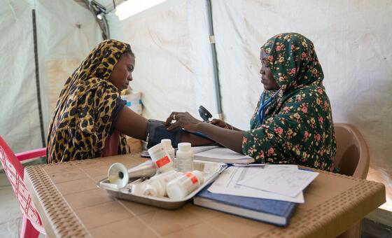 Amina, une sage-femme déplacée d'Al Fasher, mesure la tension artérielle d'une femme enceinte dans un centre de santé soutenu par l'UNICEF à Tawila, dans le Darfour du Nord, au Soudan. L'image montre Amina utilisant un sphygmomanomètre sur une femme assise portant un foulard à motif léopard, avec du matériel médical sur la table.