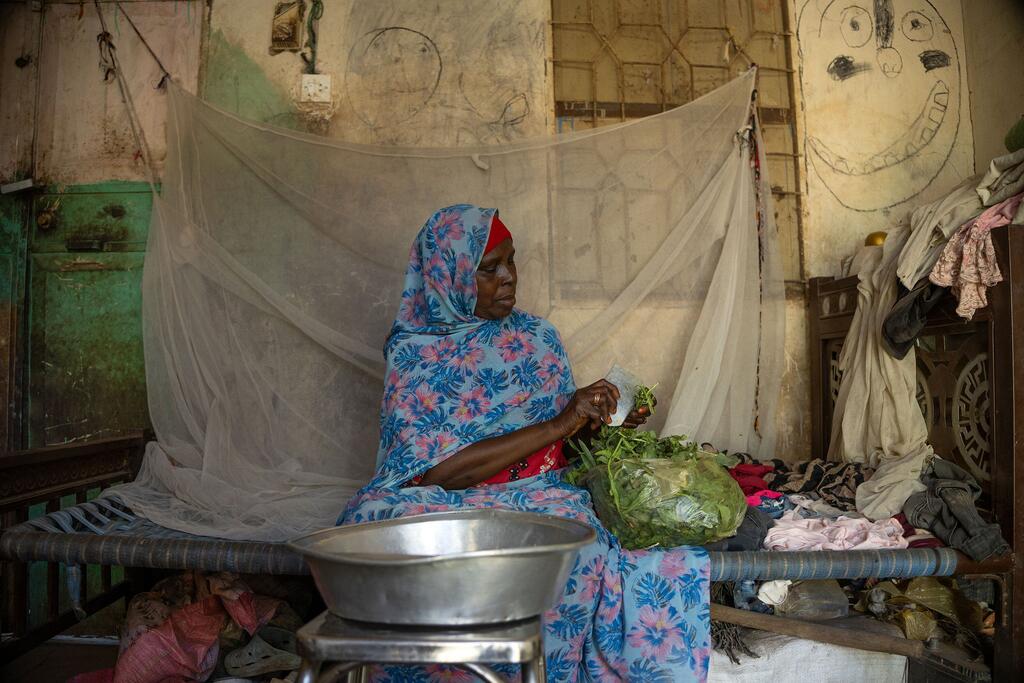Khadija, mwanamke wa Sudan, anaketi kwenye kitanda nyumbani kwake katika Jimbo la Al Jazirah, akisafisha mboga. Amevaa sare ya maua yenye rangi ya bluu na waridi na hijabu. Chumba ni rahisi; kuna bakuli la chuma kwenye kiti katika mbele, wavu wa mbu nyuma yake, na mchoro wa mtoto ukutani.
