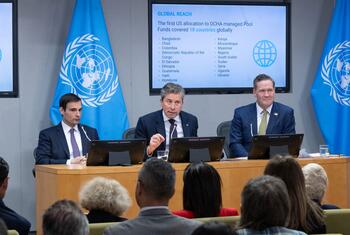 UN Under-Secretary-General Tom Fletcher, U.S. Ambassador Mike Waltz, and Jeremy P. Lewin at a press conference on humanitarian funding at the United Nations in Geneva.