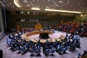 Wide view of the UN Security Council meeting discussing the situation in Iran, with delegates seated around a large circular table.