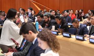 A diverse group of young people attending the ECOSOC Youth Forum at the United Nations Headquarters, seated in an auditorium with nameplates.
