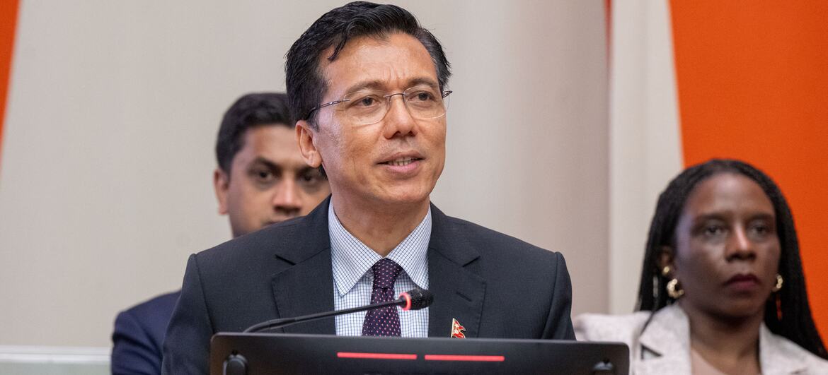 Lok Bahadur Thapa, President of the Economic and Social Council, speaks at a podium during a UN meeting.