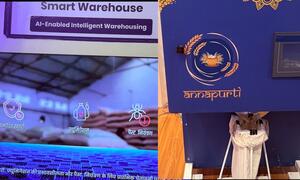 WFP's AI-Powered Smart Warehouse and Grain ATM for food security displayed at the AI Impact Summit in India.
