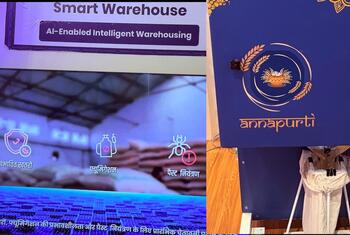 WFP's AI-Powered Smart Warehouse and Grain ATM for food security displayed at the AI Impact Summit in India.