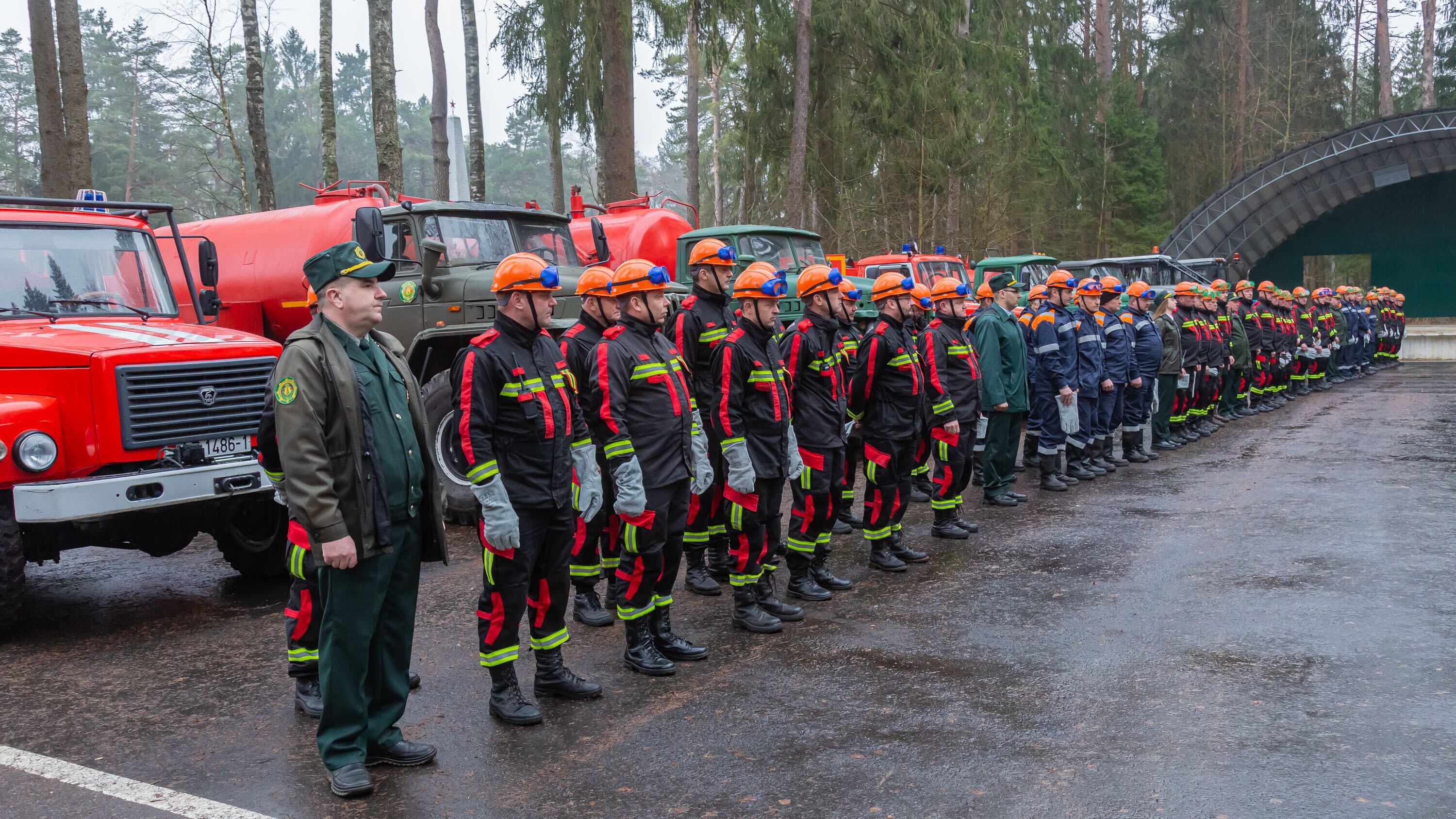 Строка белорусских пожарных в форме и оранжевых шлемах, стоящих перед пожарными в лесу.
