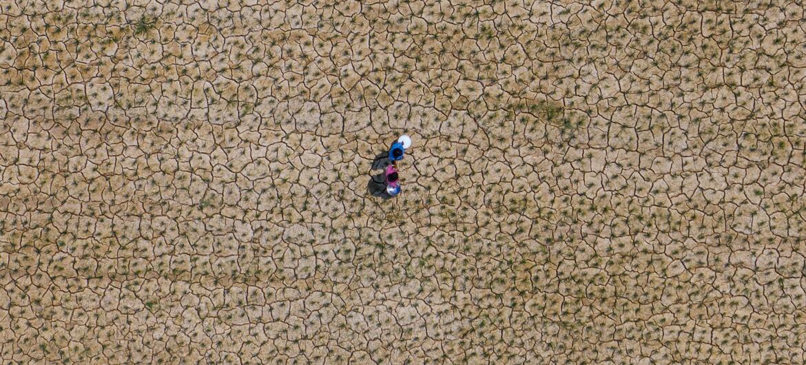 Two young girls carry a water bucket across cracked, drought-stricken land in Sakhuwa Parsauni Rural Municipality, Parsa District, Madhesh Province, Nepal, highlighting the impact of climate change on rural communities.