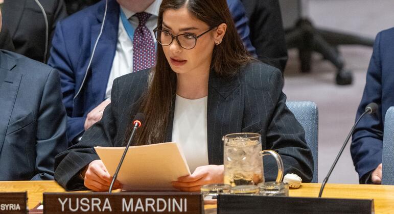 يسرا مارديني سفيرة النوايا الحسنة لمفوضية الأمم المتحدة لشؤون اللاجئين تتحدث أمام مجلس الأمن الدولي حول الوضع في سوريا.