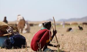 A young girl in a red shirt digs holes in the dry earth to create shelter for her family in a displacement camp in Tawila, Sudan, following violence in Al Fasher.