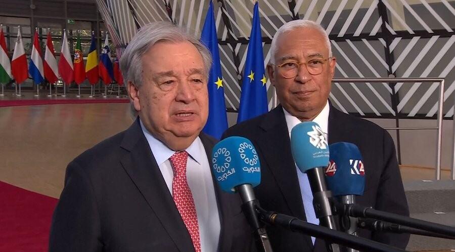 UN Secretary-General Antonio Guterres (left) in a joint press conference with European Council President Antonio Costa on Thursday, March 19.