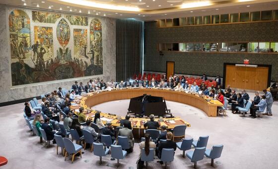 A wide view of the UN Security Council meeting on the maintenance of peace and security of Ukraine.