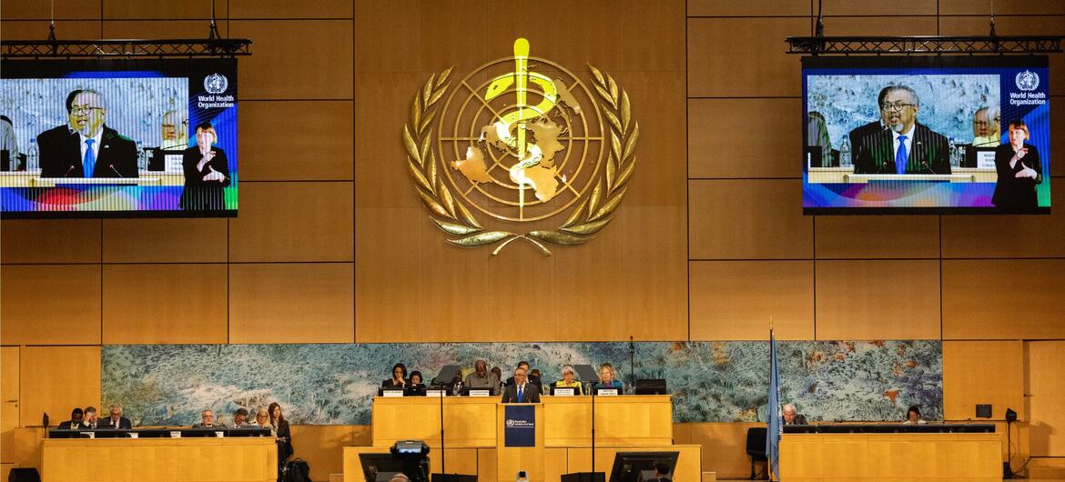 O diretor-geral da OMS, Tedros Adhanom Ghebreyesus, fala em um pódio durante uma conferência de imprensa em um grande auditório, com um intérprete de língua gestual em telas e um público sentado.
