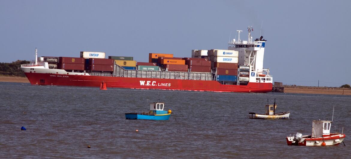 A large cargo ship carrying shipping containers on the water, alongsid three smaller boats.