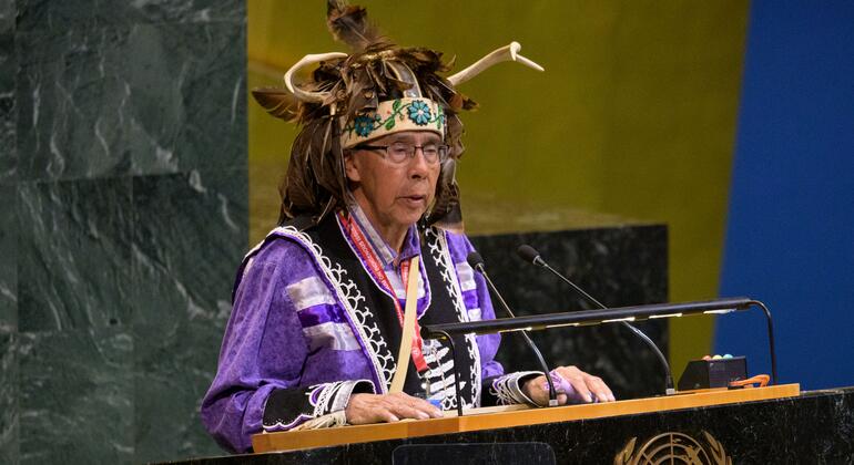 唐达霍·西德·希尔（Tadodaho Sid Hill），奥农达加民族首领，身着包括鹿角头饰在内的传统服饰，在第 25 届土著问题常设论坛开幕式上，于带有联合国标志的讲台上发表讲话。