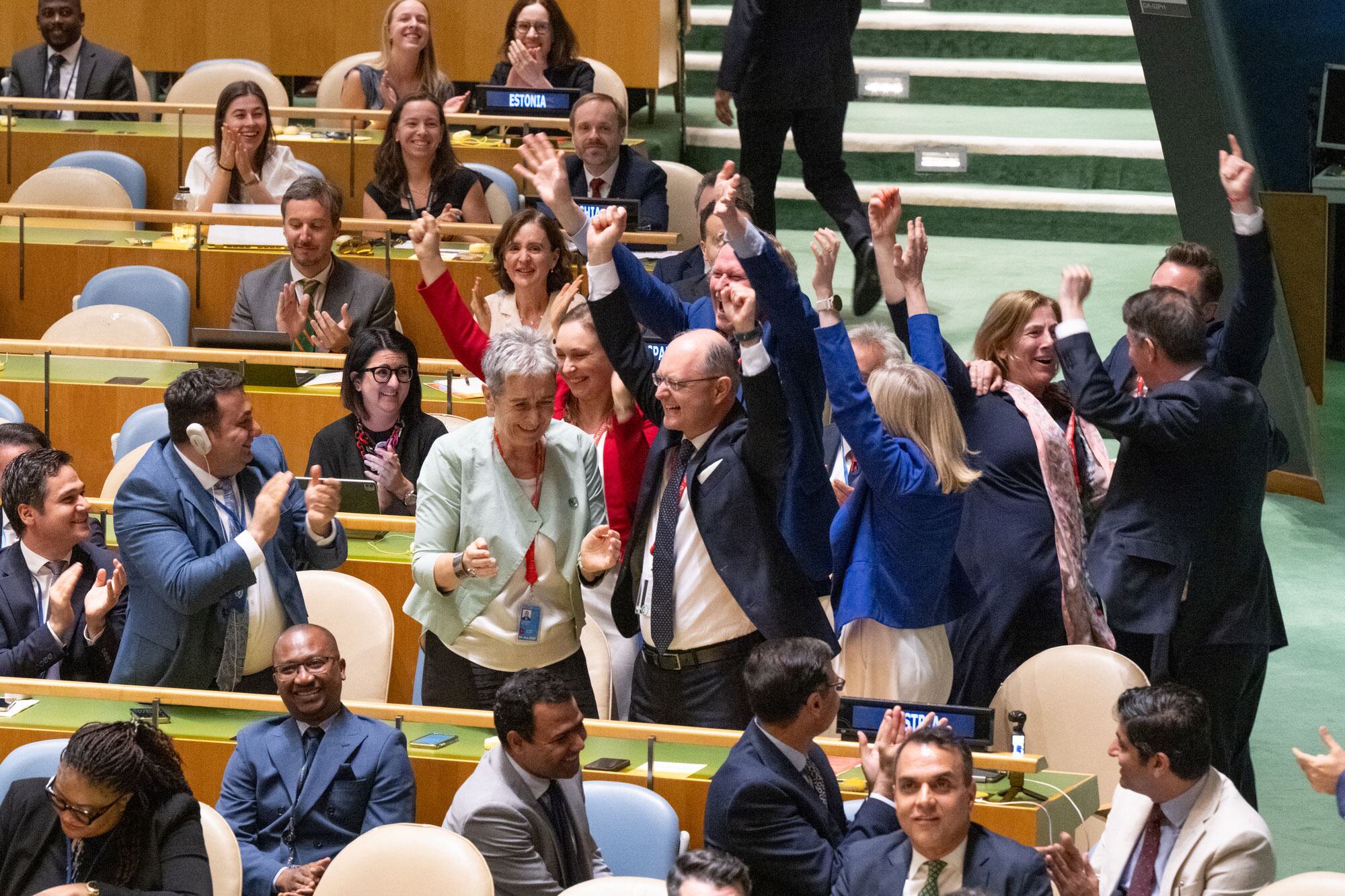 Annalena Baerbock and other delegates celebrate the election of new Security Council members at a United Nations General Assembly plenary meeting.