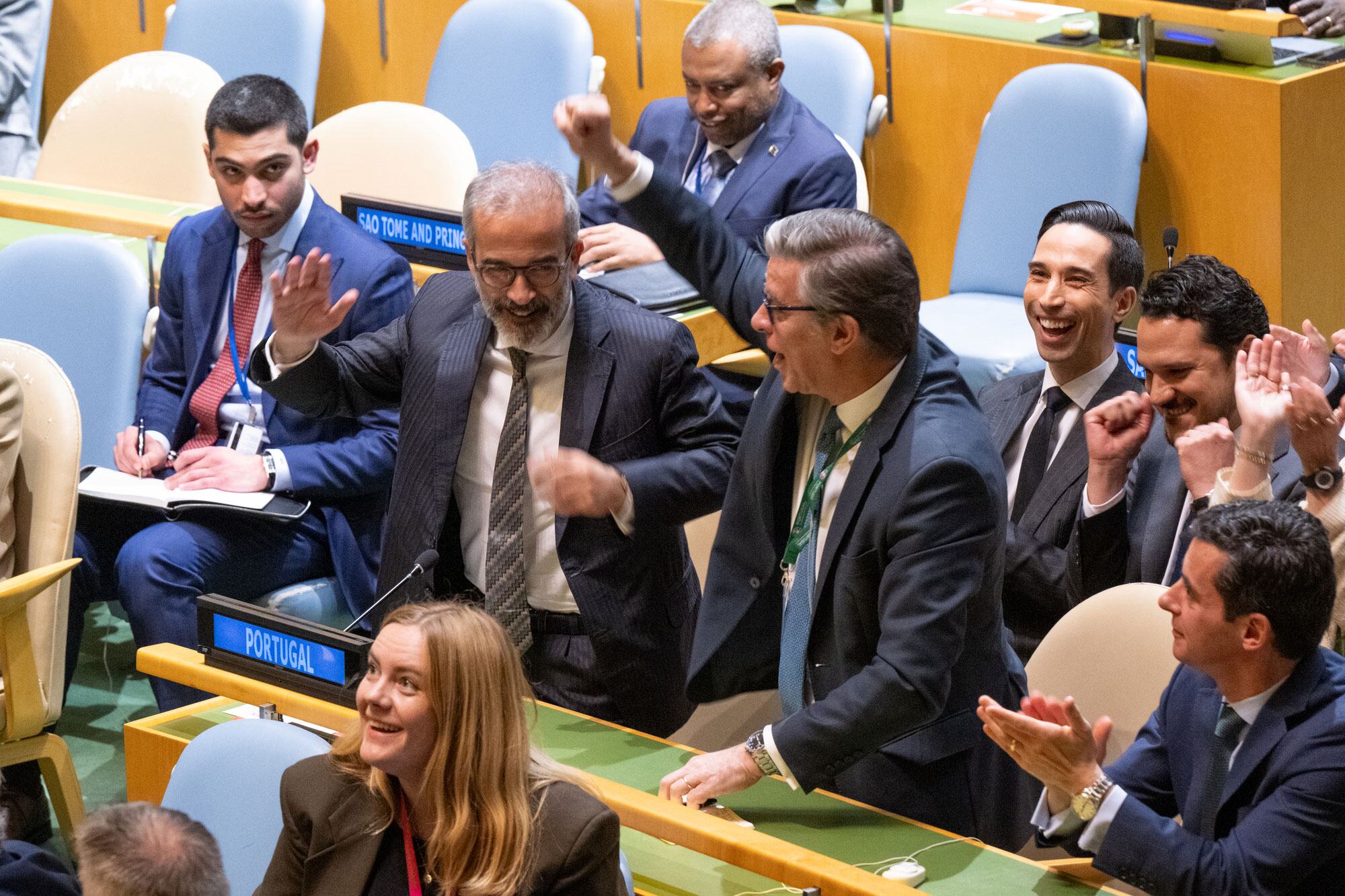 Portuguese delegation celebrates being elected as a non-permanent member of the UN Security Council.