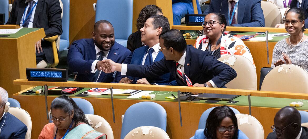 特立尼达和多巴哥代表在United Nations安理会会议上庆祝胜利，在会议厅内握手。