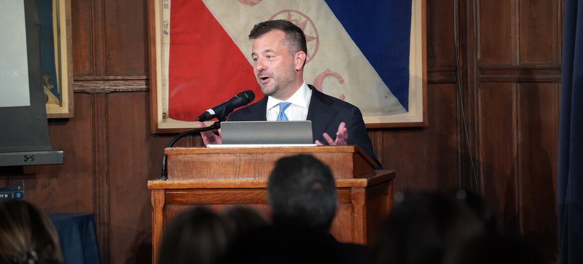Steven Hill speaks at a podium during the preview launch of the Third World Ocean Assessment at the Explorers Club in New York City.