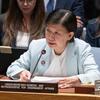 Izumi Nakamitsu، تخفیف اسلحہ کے امور کے اعلی نمائندے، نیویارک میں UN سلامتی کونسل کے اجلاس کے دوران ایک پوڈیم سے خطاب کر رہے ہیں۔