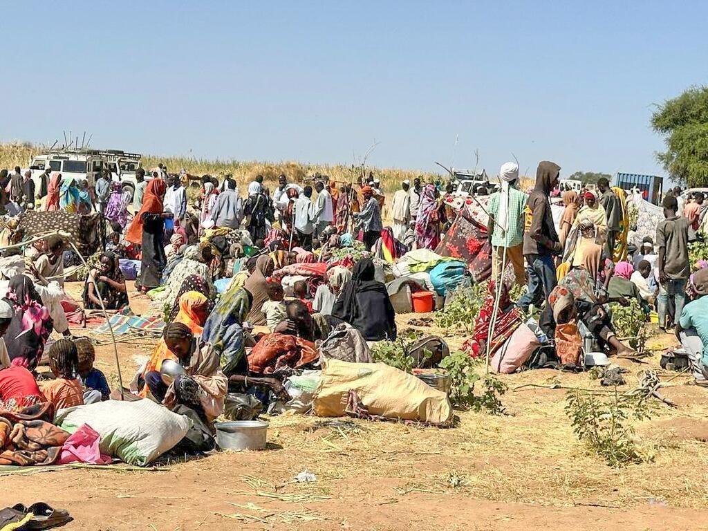 Personas desplazadas se congregan en un campamento de ayuda humanitaria en Sudán, con trabajadores humanitarios y vehículos de la ONU visibles al fondo.