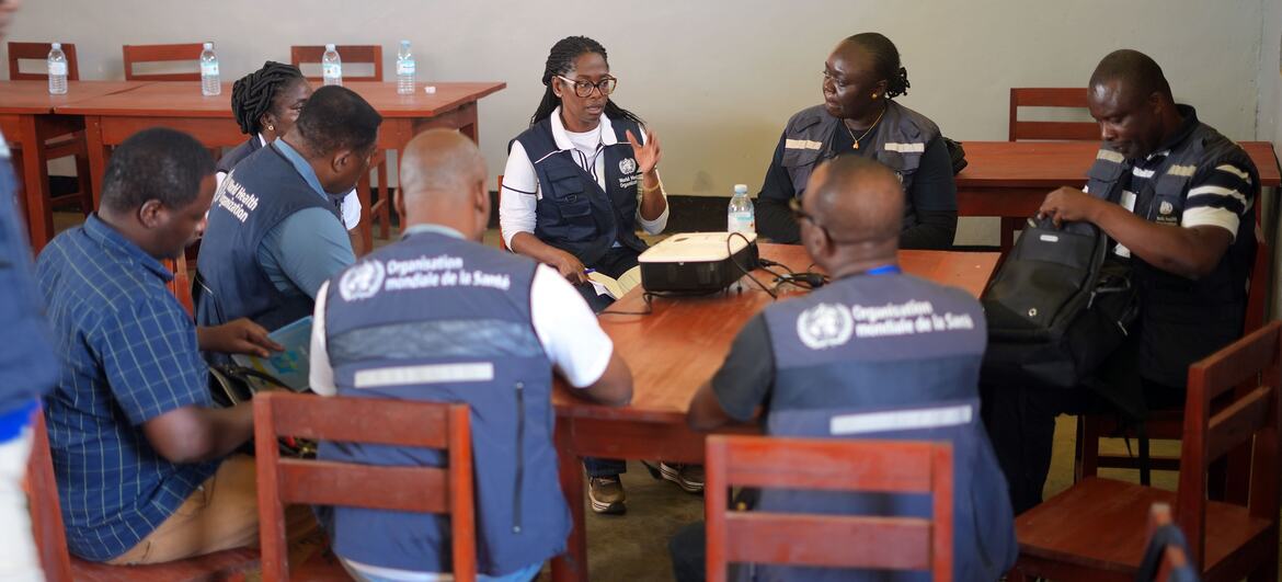 Dr Marie Roseline Belizaire, the WHO Regional Emergency Director for Africa, leads a public health meeting with authorities and health workers in Mongbwalu, DRC, to address the ongoing Ebola outbreak.
