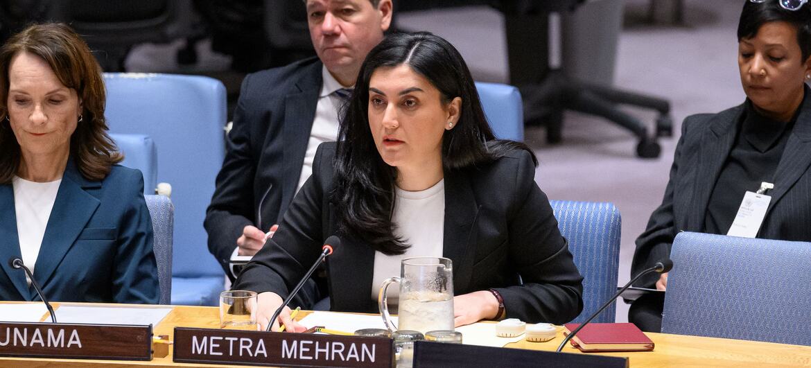 Metra Mehran speaks at a UN Security Council meeting in New York.