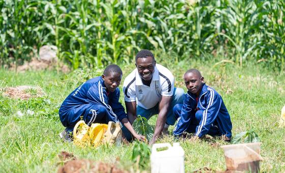 Mtu mzima na vijana wawili waliovaa sare za bluu zinazofanana wamejilaza kwenye shamba lenye nyasi, wakipanda mche mdogo pamoja.