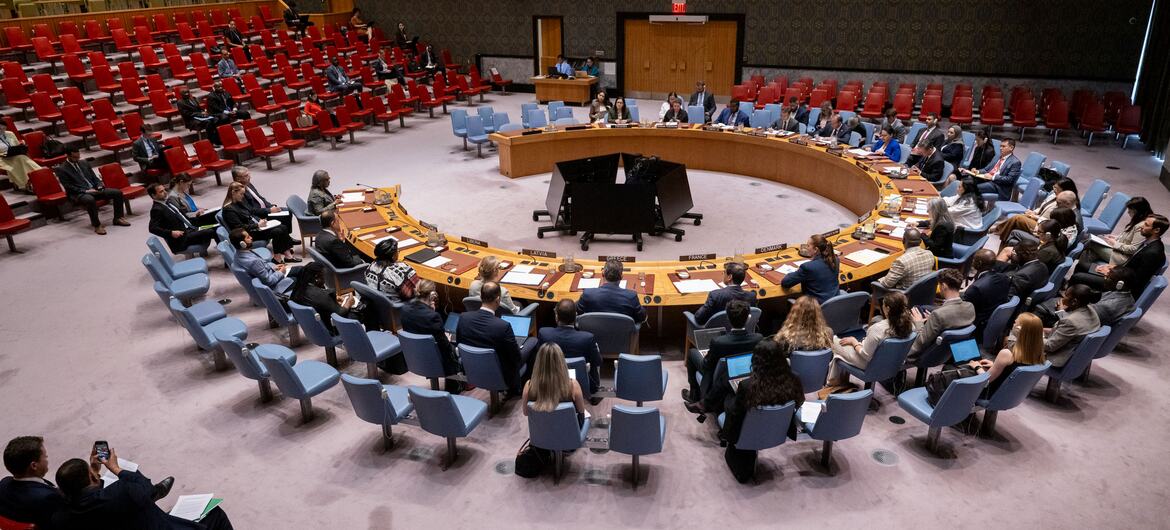 A wide view of a United Nations Security Council meeting in session.