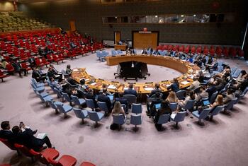 A wide view of a United Nations Security Council meeting in session.
