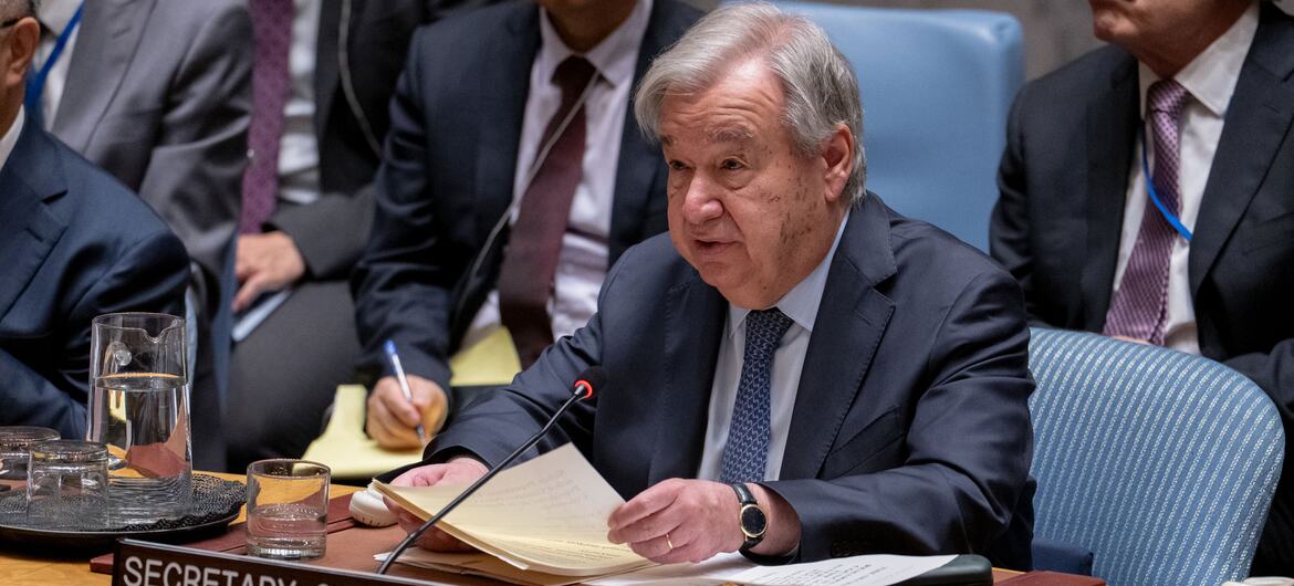 الأمين العام الأمم المتحدة أنطونيو غوتيريش يتحدث على المنصة خلال اجتماع مجلس الأمن الأمم المتحدة في نيويورك.