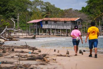 Deux personnes marchent le long d'une plage de sable fin, avec du bois flotté au premier plan, en direction d'une maison sur pilotis en bois sur le rivage, avec une forêt dense en arrière-plan.