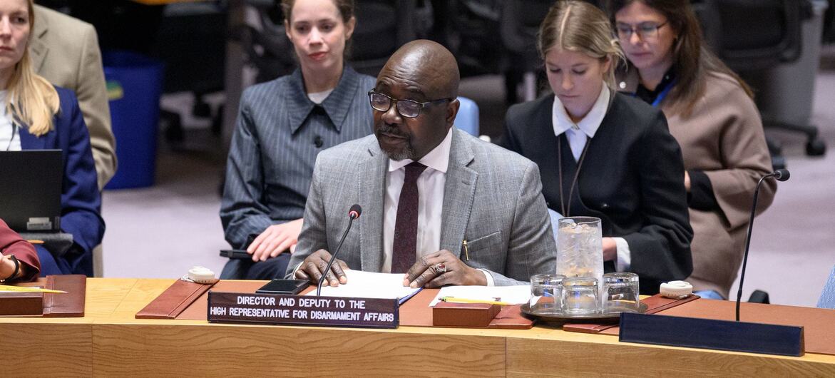 Adebayo Ebo, Director and Deputy to the High Representative for Disarmament Affairs, speaks at a podium during a UN Security Council meeting in New York.