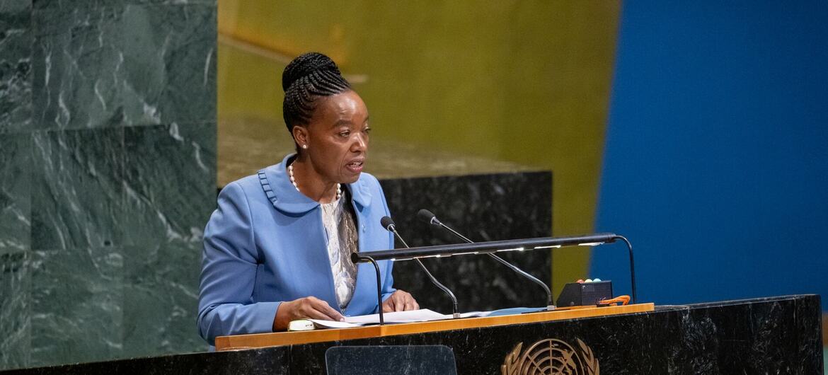 DG Juma delivers a speech at a podium during a United Nations General Assembly meeting in New York.