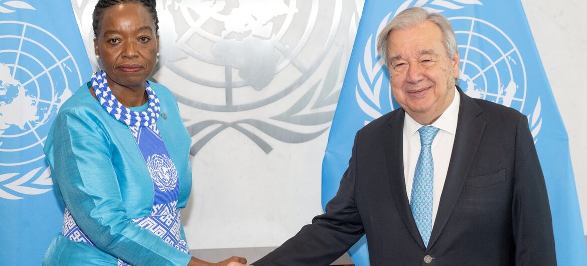 UN Secretary-General António Guterres shakes hands with Ms. Monica Juma, Director-General of UN Office at Vienna and Executive Director of UN Office on Drugs and Crime takes office.