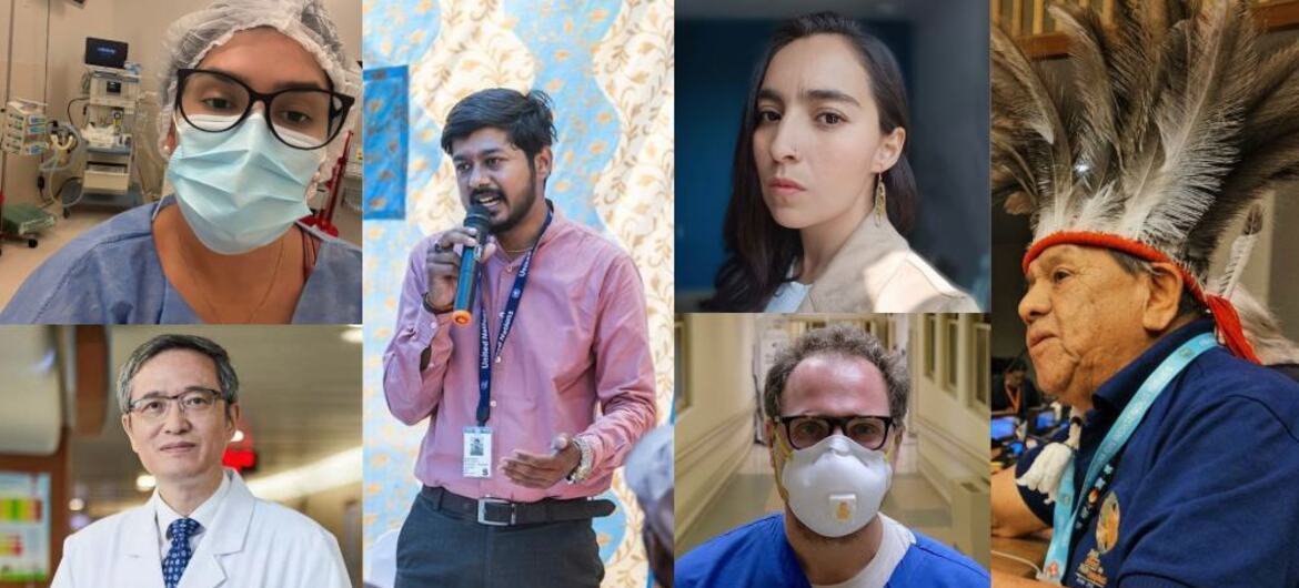 Un collage de six photos montrant un groupe diversifié de personnes, dont des professionnels de la santé dans un hôpital, un homme prenant la parole lors d'un événement et un aîné autochtone en tenue traditionnelle.