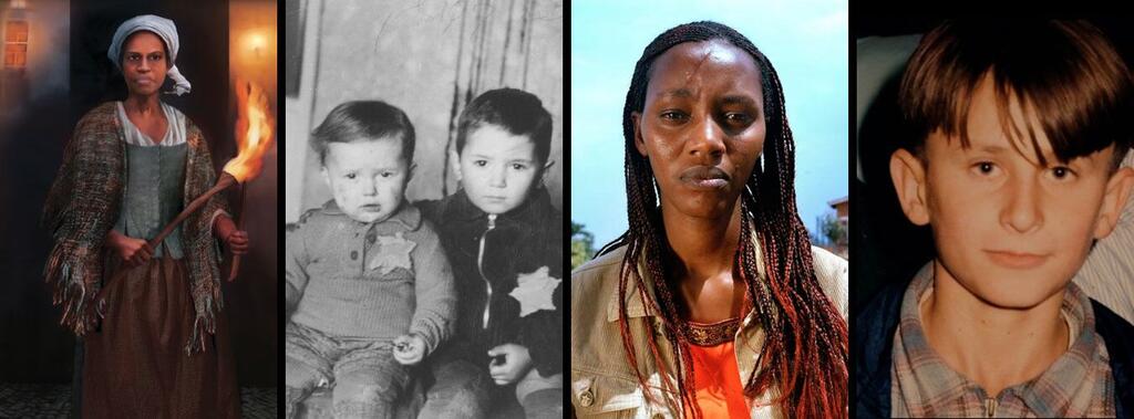 Un collage de quatre individus : Marie Joséphe Angélique tenant une torche, deux enfants avec des badges en forme d'étoile de David, une femme avec des dreadlocks et un jeune garçon.