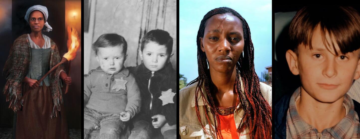 A collage of four individuals: Marie Josèphe Angélique holding a torch, two children with Star of David badges, a woman with dreadlocks, and a young boy.