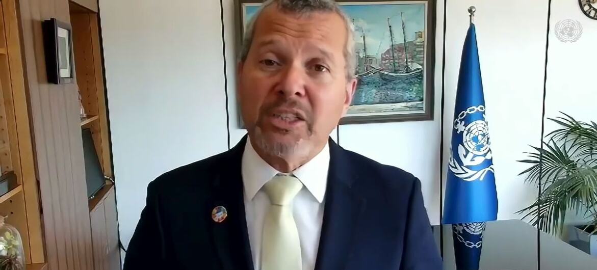 Arsenio Dominguez, Secretary-General of the International Maritime Organization, speaks during a press conference.